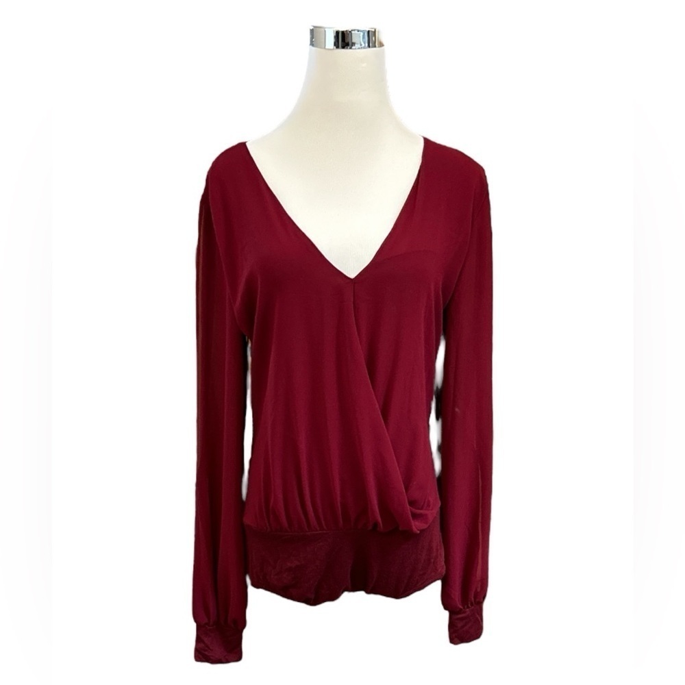 Arden B Burgundy Deep V Cross Over Neckline Bodysuit Open Slit Sleeves Size Med